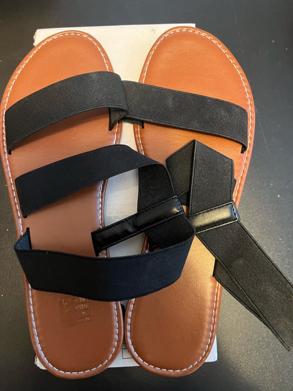 Black Elastic Strap Tan Footbed Sandals.  New never worn black sandals